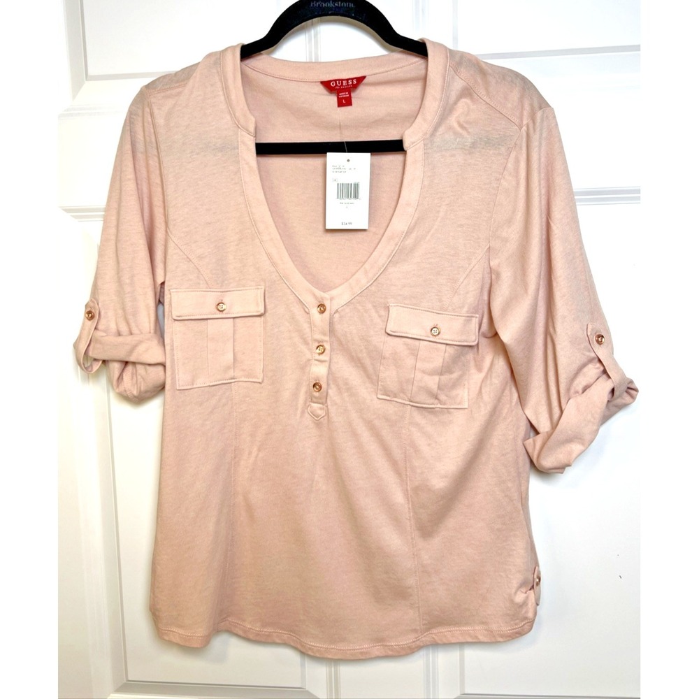 NWT Guess LA Skylar Top Women's L Blush Pink Modal Henley Roll Tab Sleeve Soft - Picture 2 of 16